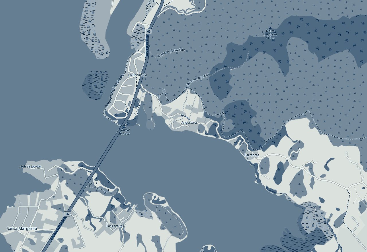 Mapa del sector Angostura del Lago Rapel, junto al Puente El Durazno